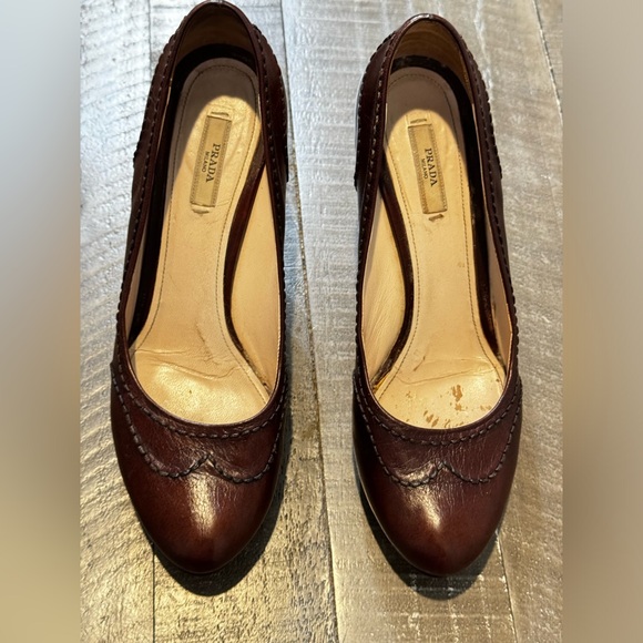 PRADA Platform Oxford Heels Brogue Style Stitching Bordeaux Brown Size 40.5 US 9 - Picture 8 of 16